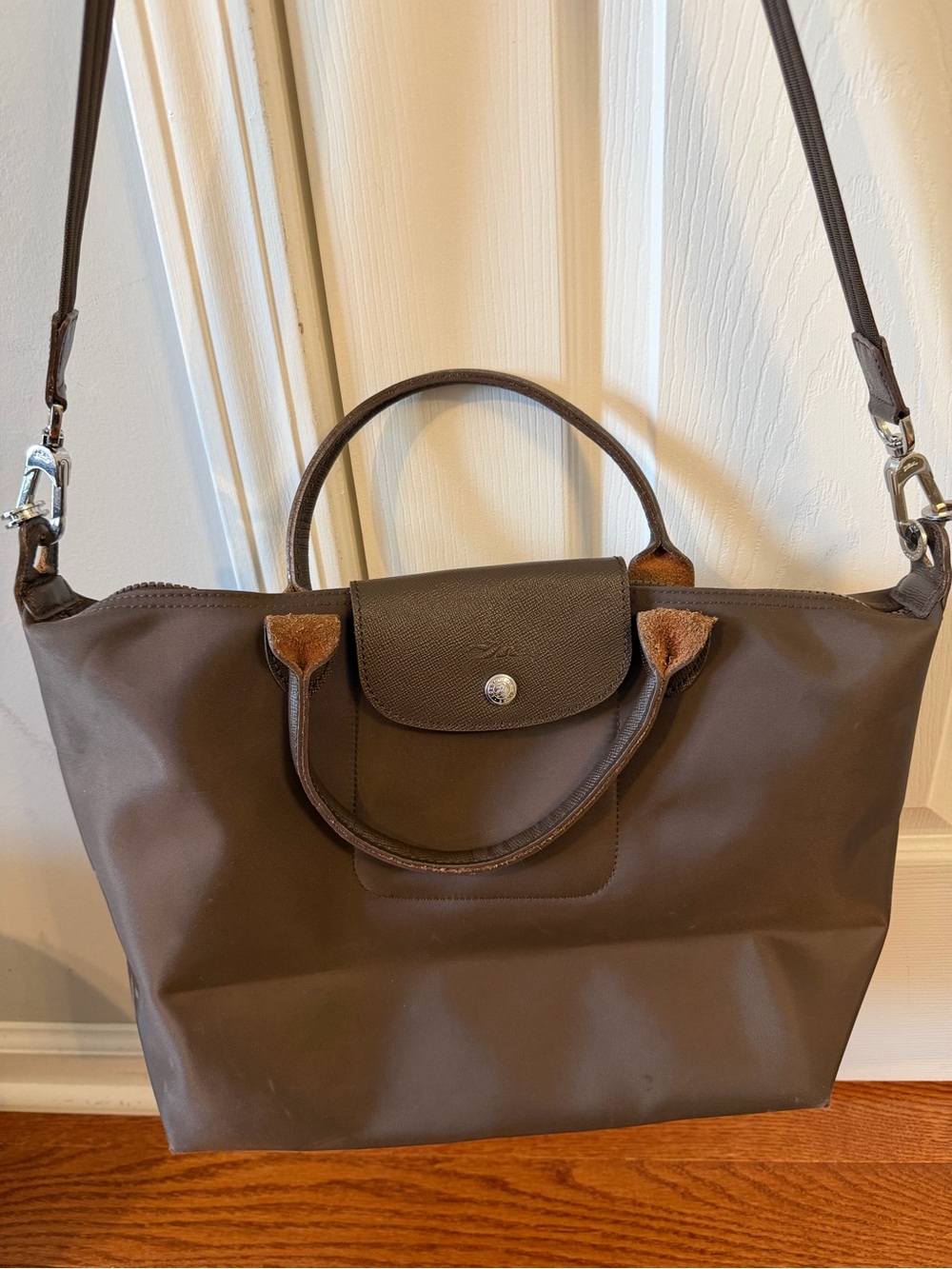 Longchamp Brown Nylon Le Pliage Tote with Dark Leather Trim